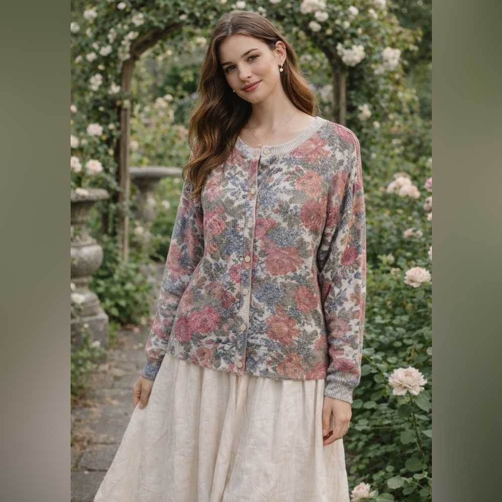 Grandmacore Floral Knit Button-Up Cardigan Fairy Cottagecore M/L Women Coquette